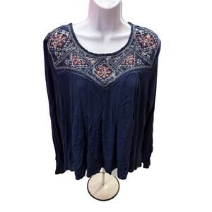 🖤 Aritzia US XL Navy Embroidered Lace Back Boho Peasant Blouse Cottagecore Top